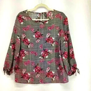 L MASSINI Women Floral Black & Pink Plaid Blouse A28 Large
